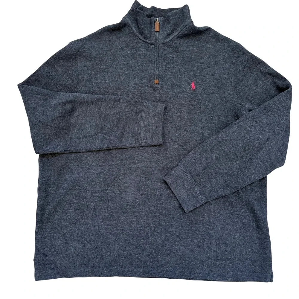 Polo Ralph Lauren Quarter Zip Sweater Mens XXL Grey Cotton‎ Pink Pony Pullover